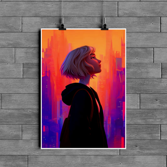 Neon City Girl Poster – Aesthetic Cyberpunk Wall Art | Dreamy Urban Vibes Decor