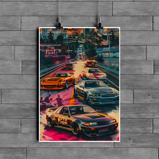 JDM Street Racing Legends Neon City Car Poster