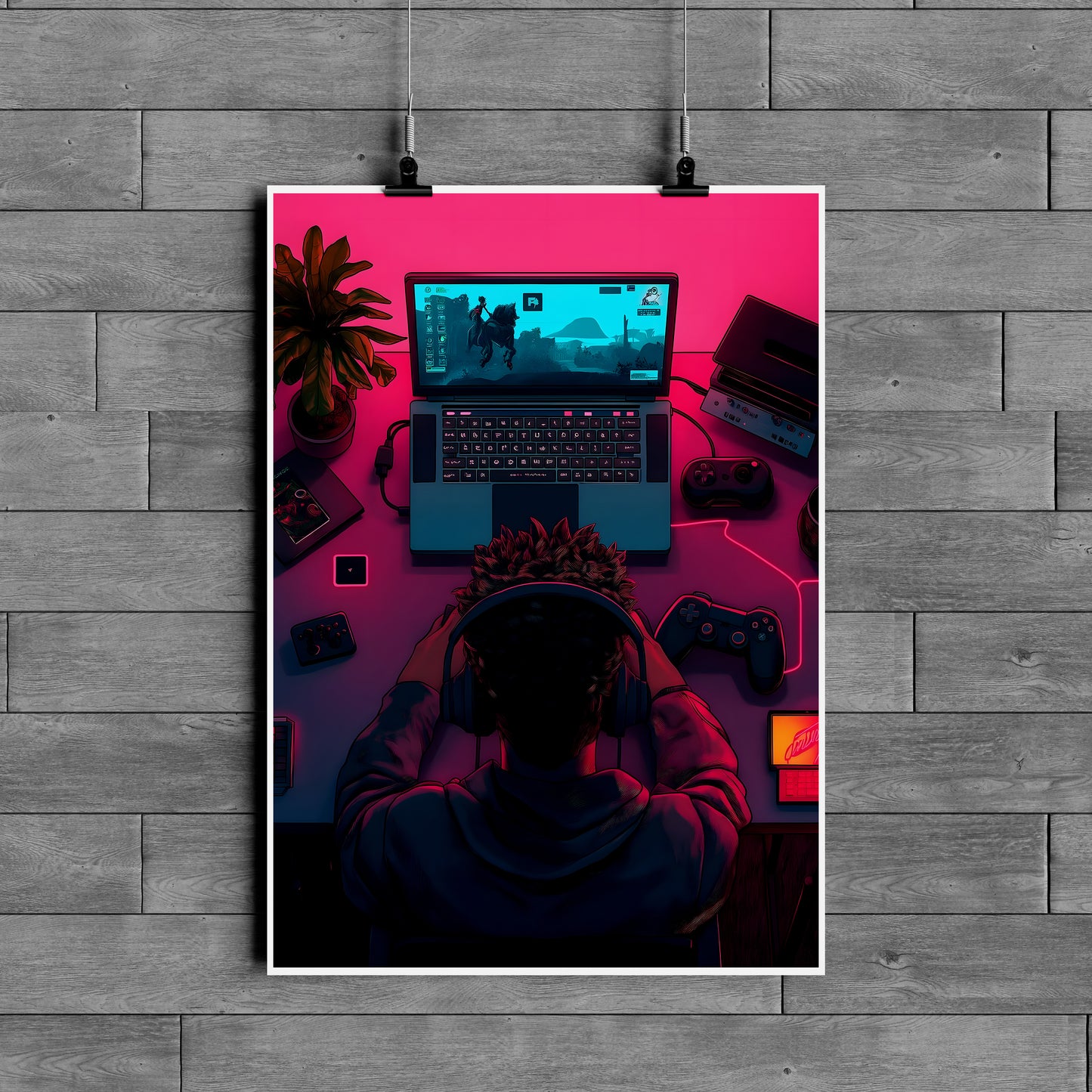 Neon Gaming Setup Poster – Gamer Room Aesthetic Wall Art