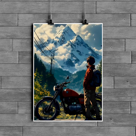 Adventure Motorcycle Poster – Mountain Travel Aesthetic Wall Art | Wanderlust Biker Decor
