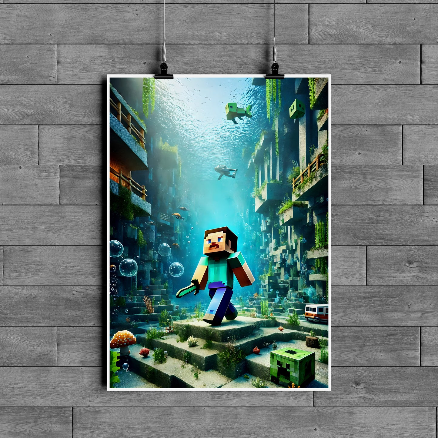 Minecraft-Inspired Underwater Adventure Poster – Gaming Wall Art