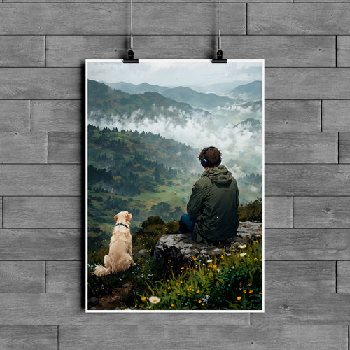 Peaceful Nature Poster – Mountain View with Dog Aesthetic Wall Art | Calm Landscape Decor