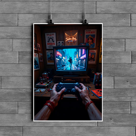Retro Gamer Setup Poster – Cyberpunk Gaming Aesthetic Wall Art