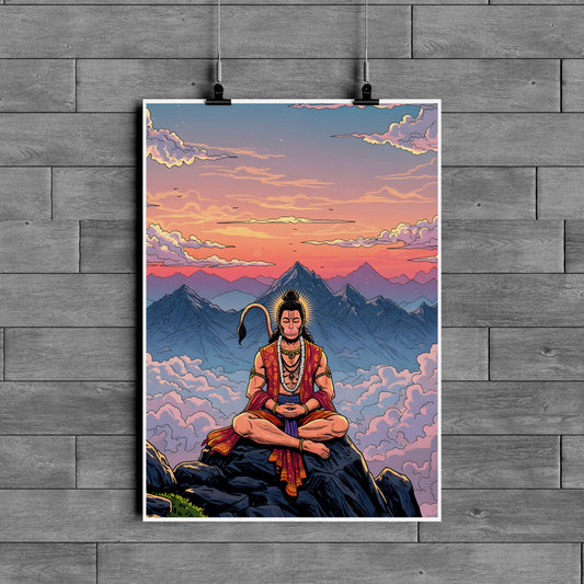 Meditating Lord Hanuman Mountain Poster – Spiritual Hanuman Wall Art
