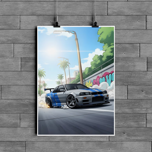 Nissan Skyline R34 Drift Poster – JDM Street Racing Car Wall Art