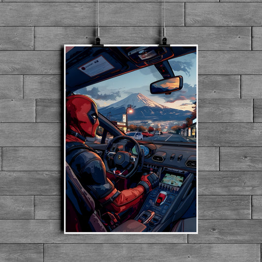 Deadpool Driving Lamborghini Poster – Marvel Superhero Car Aesthetic Wall Art